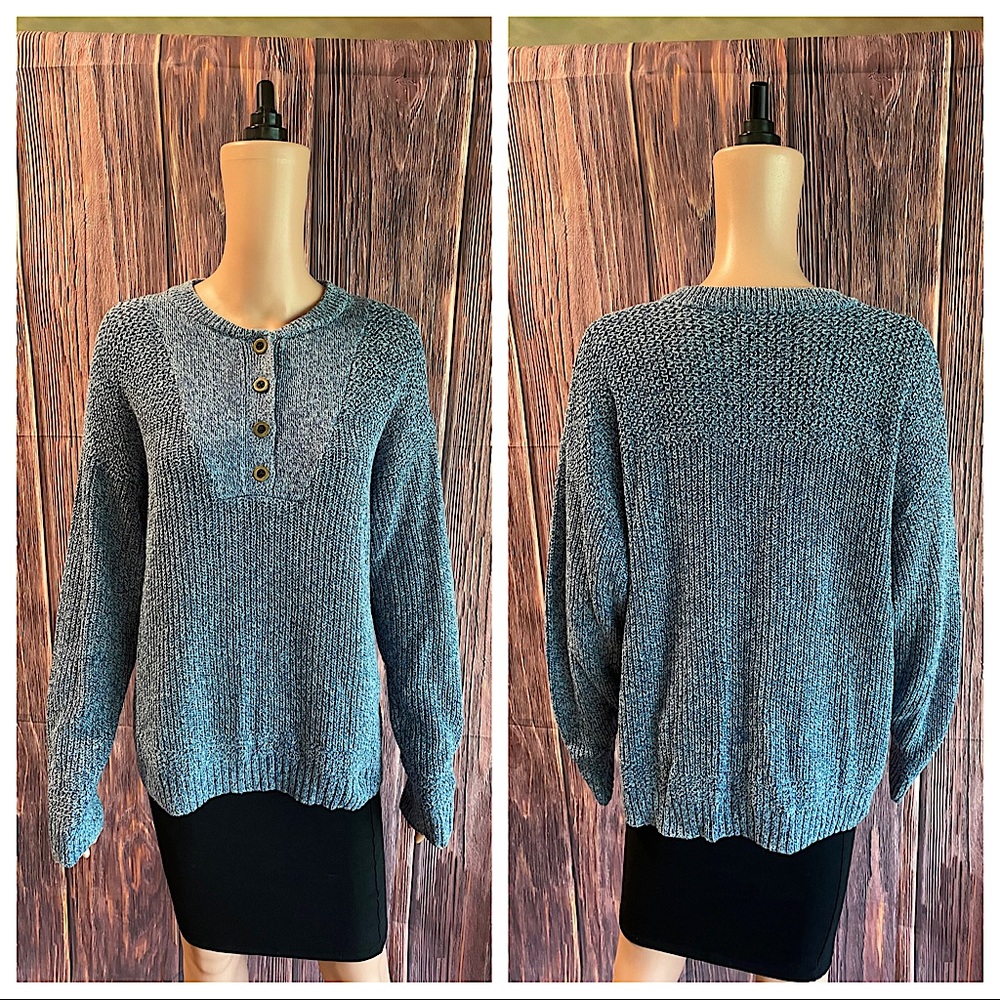 Natural Reflections sz L / XL blue button down pullover comfy knit boho
